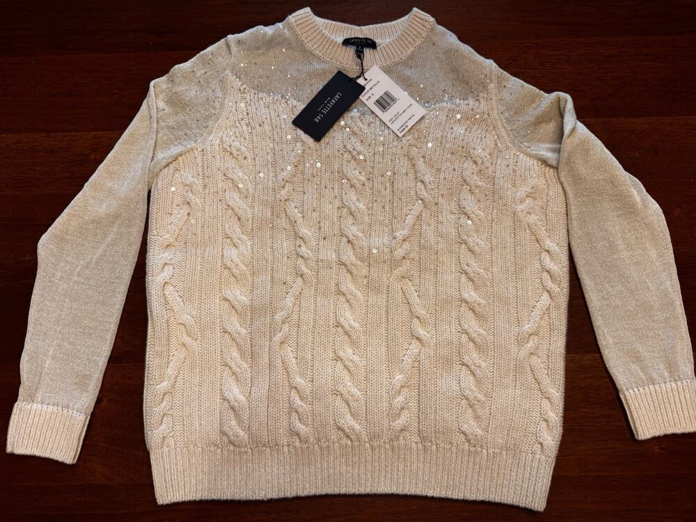 NWT Small Lafayette 148 New York Sparkle Sequins Ivory Sweater White